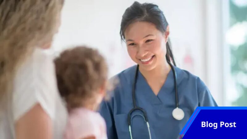 Healthcare professional with patient and child.